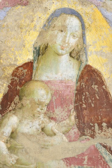 Panicale (Italy, Umbria, province of Perugia), Church of San Sebastiano. Madonna and Child, Musician Angels and Saints Augustine and Mary Magdalene, attribution to Raffaello Sanzio, fresco, around 1504. Detail