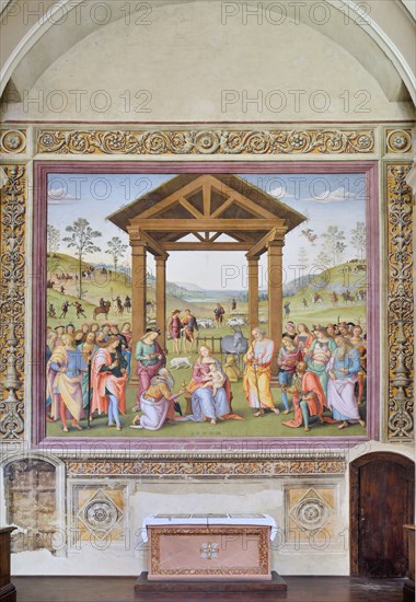 Città della Pieve (Italy, Umbria, province of Perugia), Oratory of Santa Maria dei Bianchi, Perugino, Adoration of the Magi, fresco dimensions 700x650 cm, dating 1504