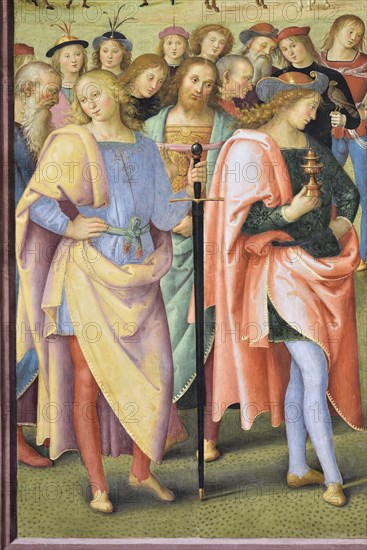 Città della Pieve (Italy, Umbria, province of Perugia), Oratory of Santa Maria dei Bianchi, Perugino, Adoration of the Magi, fresco dimensions 700x650 cm, dating 1504. Detail