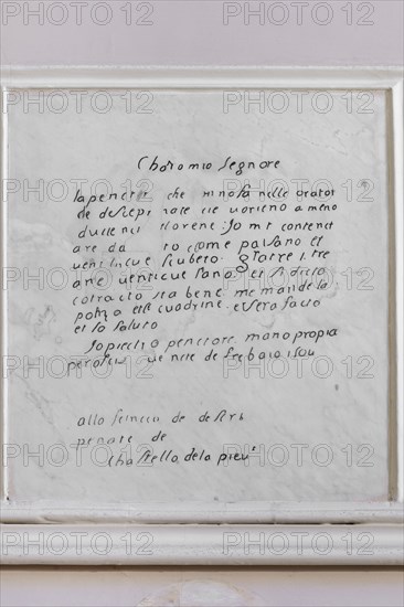 Città della Pieve (Italy, Umbria, province of Perugia), Oratorio Santa Maria dei Bianchi, copy of the first letter sent by Perugino on 20 February 1504 to the mayor of the Disciplinati della Vergine di Città della Pieve 'Charo mio Segnore. The pentura they do in the Oratorio de Desceprenate cie vorrieno less duciento florene. I contenctarò de ciencto, chome paisano; twenty-five the anus. Et si dicto contracto is fine, send me the police and the cuadrine, et serà facto et salute him '