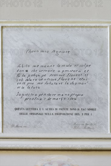 Città della Pieve (Italy, Umbria, province of Perugia), Oratorio Santa Maria dei Bianchi, copy of the second letter sent by Perugino on 1 March 1504 to the mayor of the Disciplinati della Vergine di Città della Pieve 'Charo mio Segnore. Immediately me manne the mule, and with the pedestrian, who will verrone a penctorà; et make the policy for strenque florene, and nothing more; greet me the chomare et salute him '