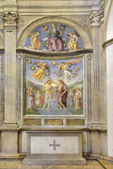 Foligno (Italy, Umbria, province of Perugia), Oratory of the Nunziatella. Perugino, Baptism and the Eternal Adored by two angels, fresco