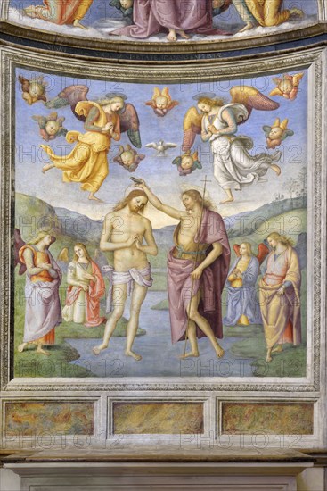 Foligno (Italy, Umbria, province of Perugia), Oratory of the Nunziatella. Perugino, Baptism and the Eternal Adored by two angels, fresco. Detail