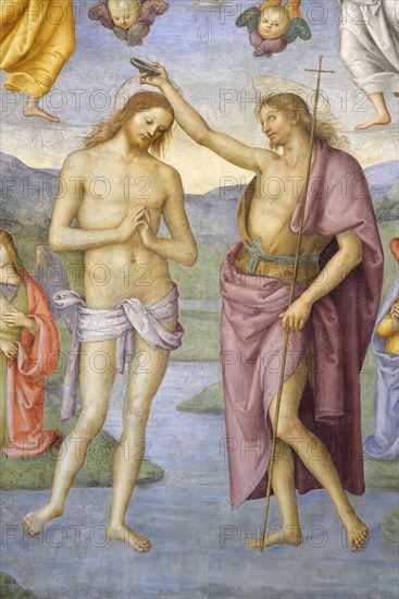 Foligno (Italy, Umbria, province of Perugia), Oratory of the Nunziatella. Perugino, Baptism and the Eternal Adored by two angels, fresco. Detail