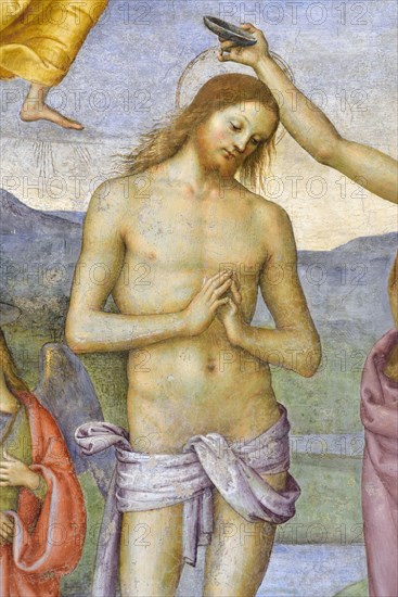 Foligno (Italy, Umbria, province of Perugia), Oratory of the Nunziatella. Perugino, Baptism and the Eternal Adored by two angels, fresco. Detail