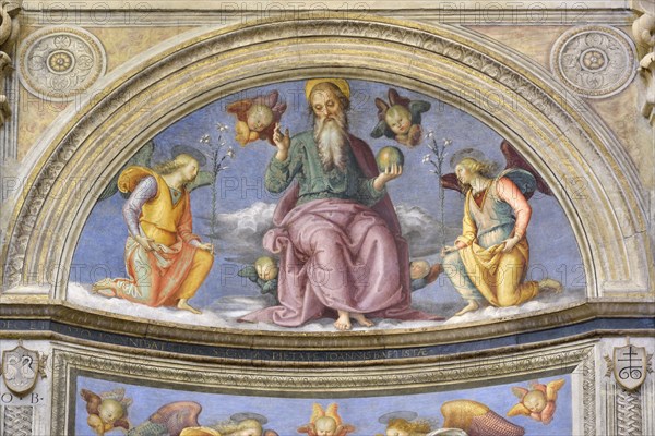 Foligno (Italy, Umbria, province of Perugia), Oratory of the Nunziatella. Perugino, Baptism and the Eternal Adored by two angels, fresco. Detail