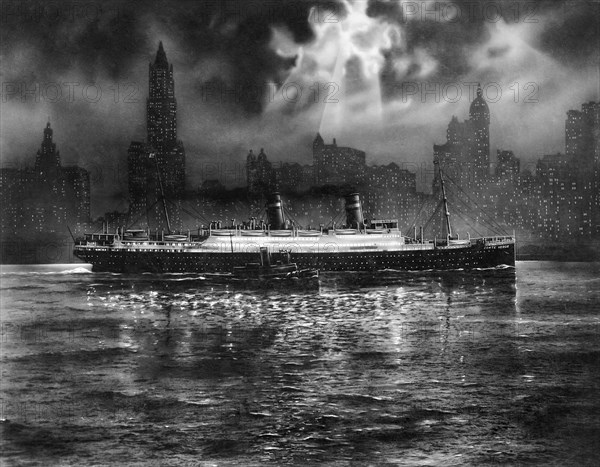 pendant de nombreuses années, le paquebot a représenté pour la plupart un mythe, pour beaucoup la dure réalité de l'émigration, pour quelques-uns un luxe agréable : le "comte vert" et en arrière-plan les gratte-ciel de new york. 1915-1940