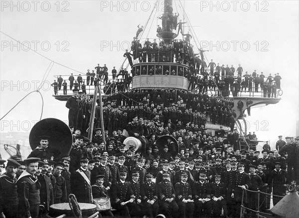 naval officers and crew, regina margherita warship 1908