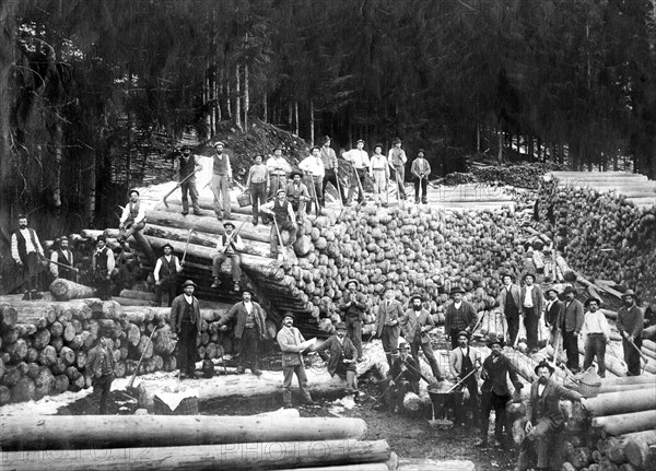 italy, trentino alto adige, woodcutters 1800-1900