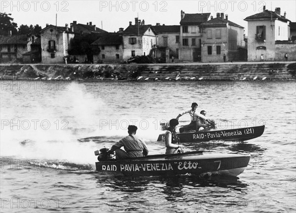 italy, motorboat cruise from pavia to venice, early 1900