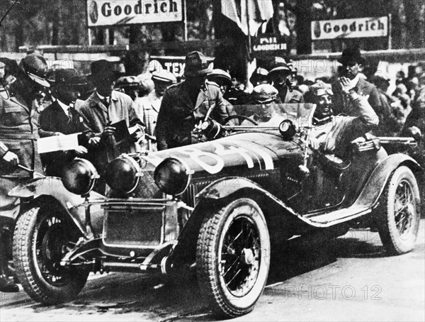 italy, brescia, mille miglia motor race, tazio nuvolari and giovan battista guidotti the winners on alfa romeo 1750 GS 6CL