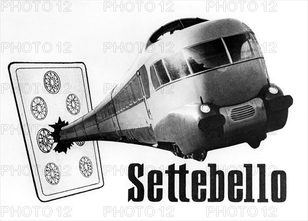 photomontage avec locomotive du train de settebello, 1960