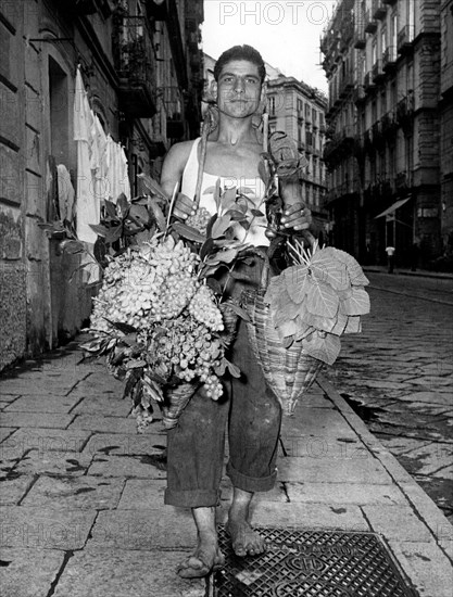 italie, campanie, naples, vendeur de rue, 1956