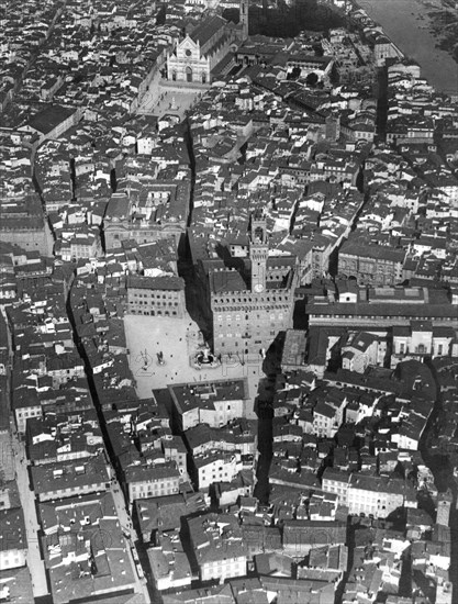 toscana, florence, vue aérienne de la piazza della signoria, du palazzo vecchio et de santa croce, 1910 1920