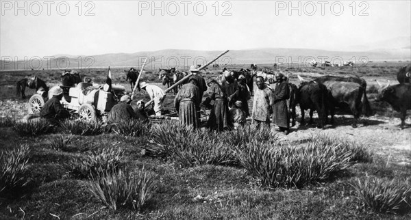 mongolie du nord, raid pekin-paris, l'itala coulé dans le fando entre urga et kiakhta, 1907