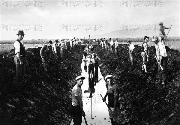 italie, toscane, ouvriers au travail pour la bonification des terres, 1920 1930