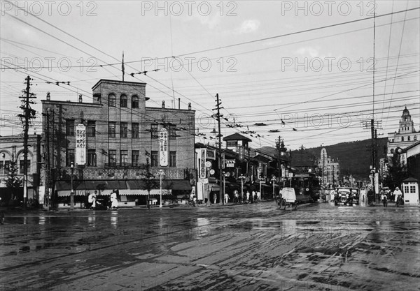 japon, kyoto, carrefour près du quartier de gion à kyoto, 1920 1930