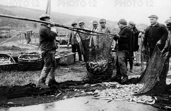 italie, toscane, orbetello, pêcheurs au travail, 1920 1930