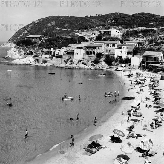 italie, toscane, île d'elbe, vue du golfe de scaglieri, 1964