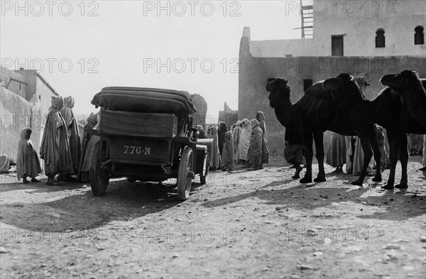 afrique, algérie, voitures et chameaux, comparaison des moyens de transport, 1910
