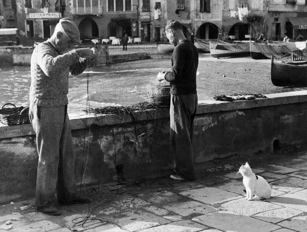 pêcheurs, portofino, ligurie, italie 1950-60