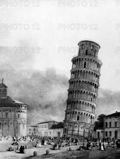 Gravure d'Isabey, 1822 avec une vue de la tour penchée, de l'abside et de la place de la cathédrale de Pise, Toscane, 1958