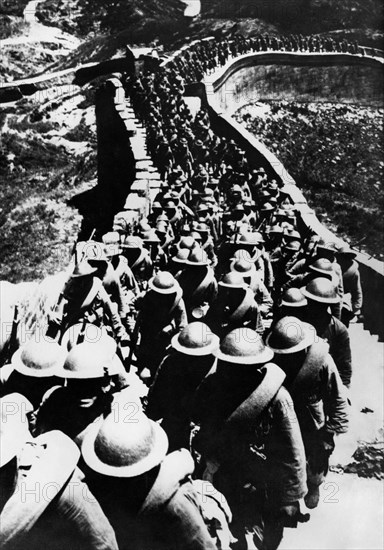 asie, chine, troupes militaires du front nord le long du mur chinois, 1937