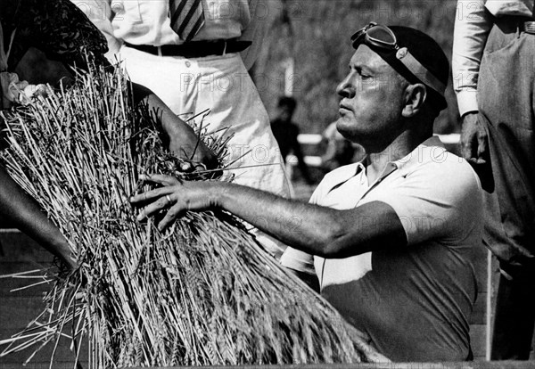 Pontine reclamation service. benito mussolini during the threshing of wheat in sabaudia. 1934