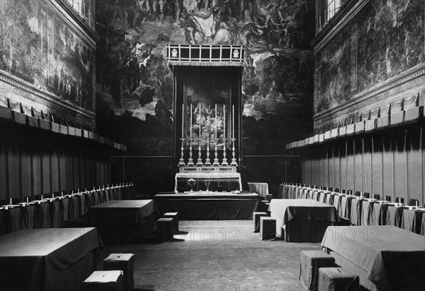 The thrones of the conclave. Sistine Chapel. Apostolic Palace. Vatican City 1939