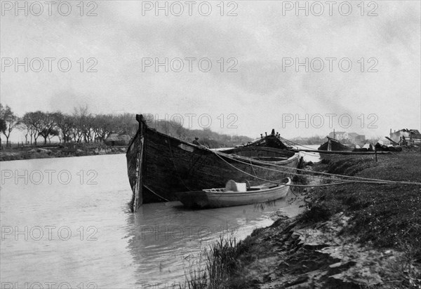 Lazio. barges on the Tiber near Fiumicino. 1910