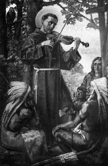 St. Francis Solan teaches music to the natives of southern America. engraving from the 1800s