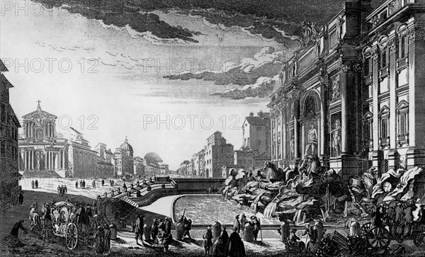 Italy. Rome. the Trevi Fountain in an engraving by a paris chez daumont from the 1700s