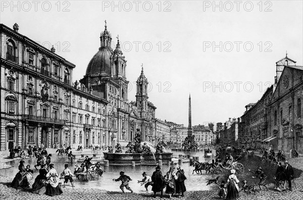 Italy. Rome. Piazza Navona in an engraving of Felix Benoist from the 1700s