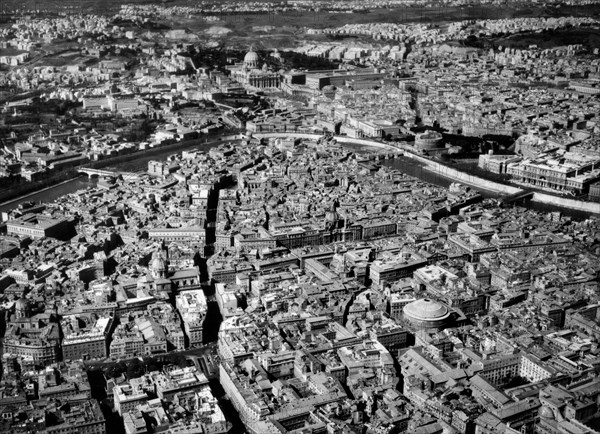 Aerial view of a tract of the Tiber in Rome. Italy 1959