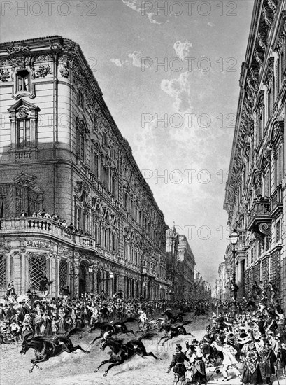 Italy. Rome. via del corso during the traditional barbero race. engraving by felix benoist. 1870