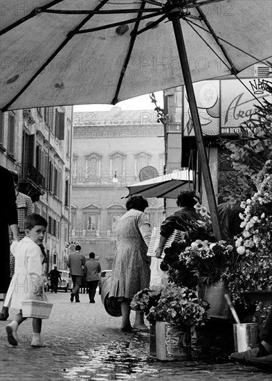 Italy. Rome. Campo de Fiori with foreshortening on Palazzo Farnese. 1960