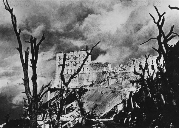 Italy. lazio. montecassino. the abbey destroyed by bombing during the battle of cassino of 1944