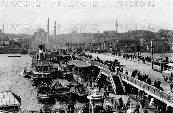 Turkey. Istanbul. Great Galata Bridge and the Basilica of Saint Sofia Mosque. 1930