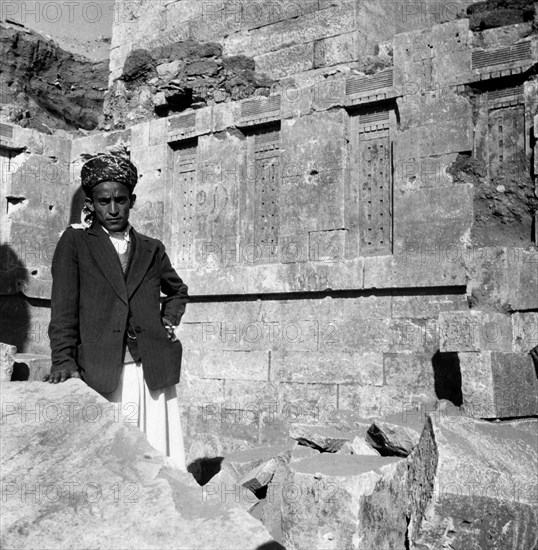 Asia. yemen. marib. a wall of the first hall of the temple to the lunar god balmaka. 1955