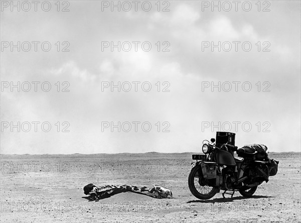 Syria. motorcycle in the desert. a camel skeleton. 1940-50