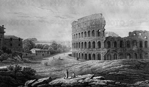 Italy. Rome. The Square Of The Colosseum In A Drawing By Elizabeth F. Batty. 1817