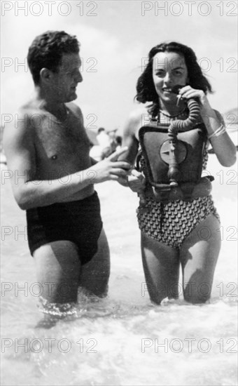 Italy. Ischia. Celina Seghi Women's Ski World Champion Testing Snorkel. 1949