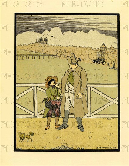 Boy and man in hats against a large field and the palace.
