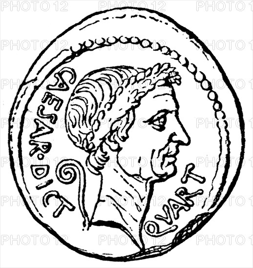 Caesar Head with the sign of a dictator, denarius of Julius Caesar.