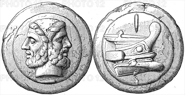 Head of Janus, the ship cast Roman coin.