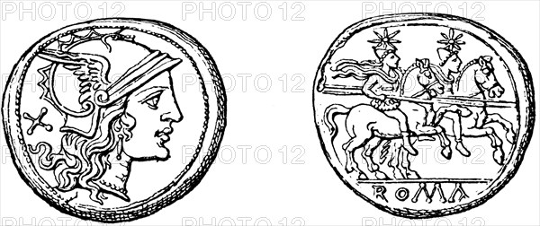 Head the goddess Roma, Castor and Pollux, Roman denarius.