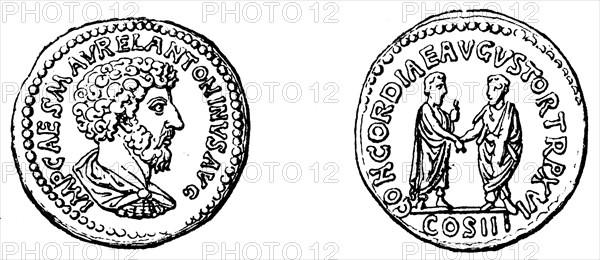 Image of the emperor, Marcus Aurelius and Lucius Verus, gold coin Aureus.