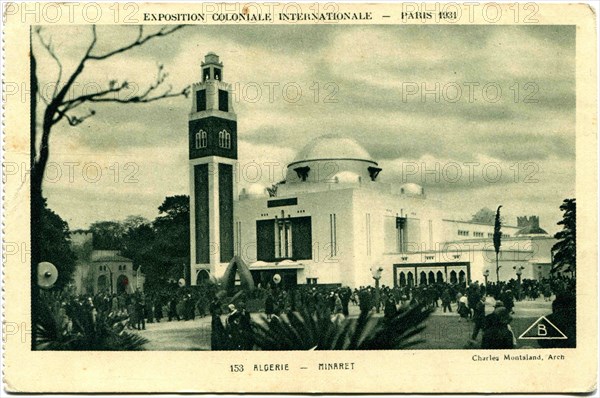 Edition Braun and Cie shows Algerie, Minaret, the International Exhibition of colonies, Paris.