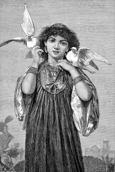 Girls with white doves by the banks of the Nile