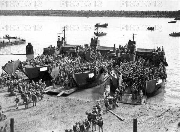 U.S. Troops On Landing Craft Operating In Areas Of The Pacific.